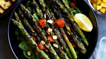 An attractive plate showcasing grilled asparagus, cherry tomatoes, and lemon slices, promoting healthy eating and colorful cuisine in a modern culinary style.