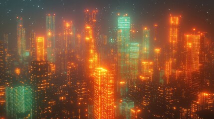 Obraz premium Futuristic city skyline at night with vibrant neon lights and a foggy atmosphere.