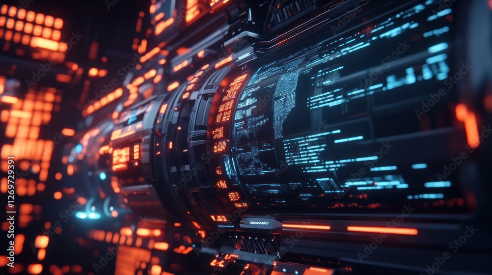 Poster futuristic machinery displays intricate code with bright neon illumination
