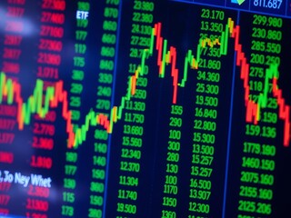 Fototapeta premium Letters ETF on stock finance trading chart analysis exchange traded funds background with data and graphs, stock market, trading, data