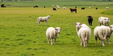 Fototapeta premium Lush green pastures of a New Zealand farm with sheep and cows grazing, pasture, sheep, livestock