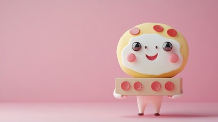 Naklejka premium A cute, cartoonish character resembling a dessert holds a box of treats against a pastel pink background, radiating joy and playful charm.