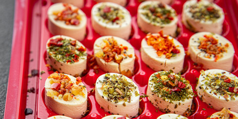 cheese appetizer soft cheese with herbs and tomatoes pieces fresh tasty food dish delicious gourmet food background on the table rustic food top view copy space