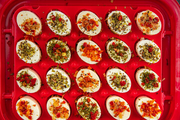 cheese appetizer soft cheese with herbs and tomatoes pieces fresh tasty food dish delicious gourmet food background on the table rustic food top view copy space