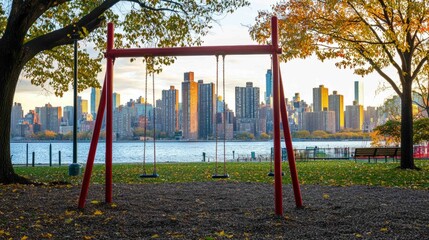 Fototapeta premium Urban Traditional Playground with Swing Set and City Skyline View