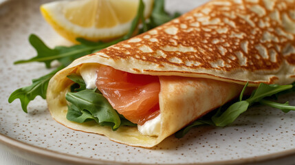 Savory crepes filled with smoked salmon, cream cheese and rue rooibos, garnished with a lemon wedge.