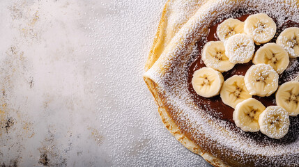Crepes beautifully arranged with layers of Nutella, banana slices and dusted with powdered sugar.