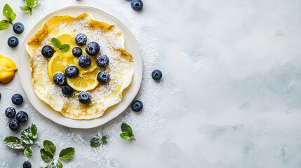 Crepes filled with lemon curd and topped with fresh blueberries and dusted with powdered sugar.