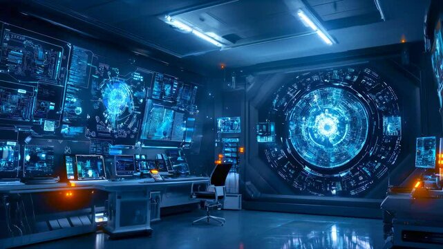 Circular interface wall dominates data monitoring station. Professional workspace integrates holographic displays with ambient blue illumination. Static wide composition.