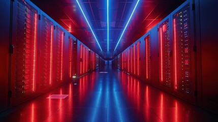 Fototapeta premium Futuristic View of a Data Center with Neon Red and Blue Lights Illuminating Server Racks in a High-Tech Environment