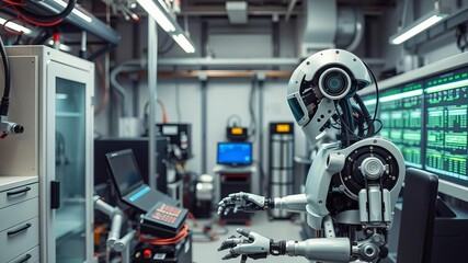 Fototapeta premium Mechanical engineer working with futuristic robotic arm programming metal object in high tech research lab with modern equipment, equipment, laboratory, technology