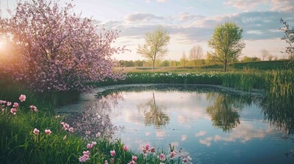 Tranquil Rural Landscape Featuring Reflective Pond and Blooming Nature