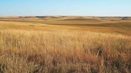 Fototapeta premium Expansive Prairie Landscape with Tall Grass Under Clear Blue Sky