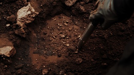 Fototapeta premium Close-up of a gloved hand digging into rich soil with a metal tool