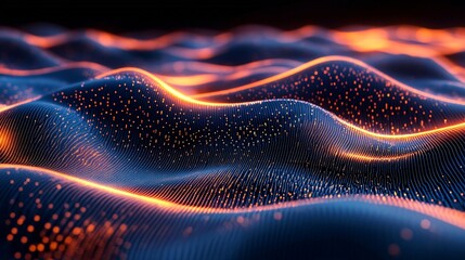 A vibrant digital wave form composed of glowing particles, showcasing a mesmerizing blend of blue and orange hues, evoking a sense of movement and depth.