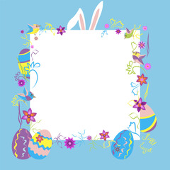 Easter greeting card with Easter bunnies and Easter eggs
