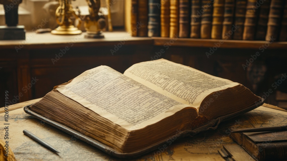 Poster Old open book rests on a detailed antique map