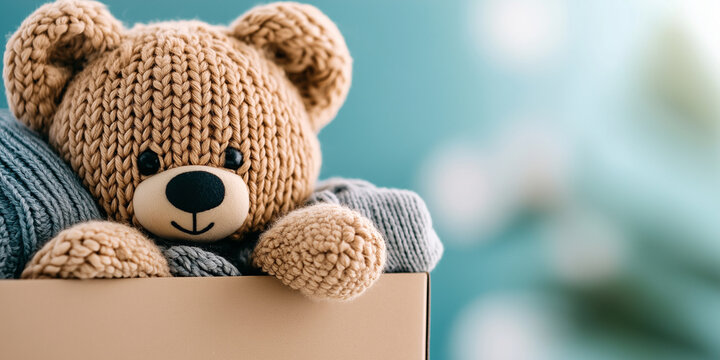 Adorable teddy bear in box with clothes for community rummage sales on blurred background