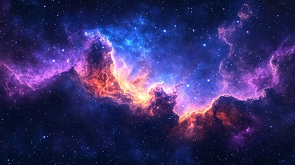 Obraz premium A stunning cosmic nebula with vibrant colors of purple, blue, and orange, showcasing the beauty of deep space.