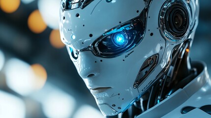 A futuristic robotic face with glowing blue eyes, showcasing advanced technology and intricate design elements.