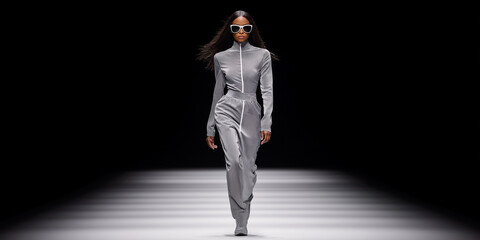 Stylish woman in grey jumpsuit confidently walking on dark runway during Fashion Week