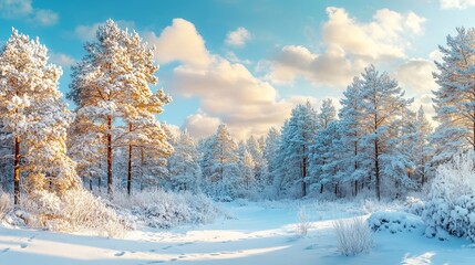 Obraz premium The breathtaking winter landscape showcases a vast field of fresh white snow, framed by tall evergreen pine trees and a clear blue sky, evoking a sense of serenity and tranquility