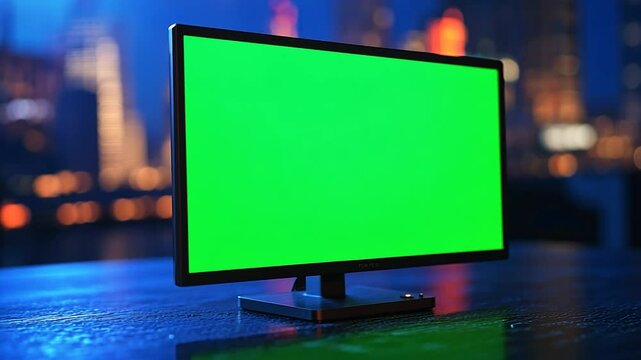 Green screen monitor cityscape night mockup