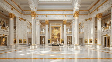 Obraz premium Grand hall with marble floors, gold accents, and classical artwork.