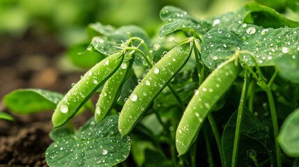 Fototapeta premium Vibrant Macro Shot of Individual Green Bean Shoots with Dew Drops
