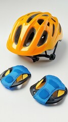 Fototapeta premium Bright Yellow Bicycle Helmet with Blue Knee Pads Safety Gear