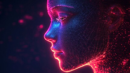 Obraz premium A digital profile of a humanoid figure illuminated by vibrant neon colors, showcasing a blend of technology and artistry.