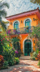 Fototapeta premium Vibrant Mediterranean Villa with Ornate Ironwork and Flowers