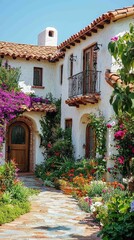 Naklejka premium Vibrant Mediterranean Home with Stucco Walls and Colorful Garden