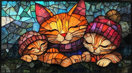 A heartwarming stained glass-style illustration of three cats snuggled together, wearing cozy hats and scarves, creating a warm and comforting winter scene.  
