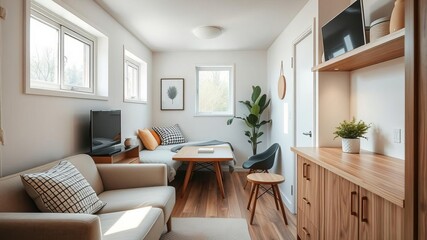 Fototapeta premium Modern tiny home interior with sleek furniture, minimalist design, wooden accents, and natural light, minimalist, interior, modern decor