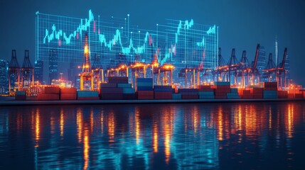 Obraz premium A modern seaport with cargo cranes and shipping containers, complete with a global communication overlay showing floating data graphs and analytics visualizations, all in a stylish industrial