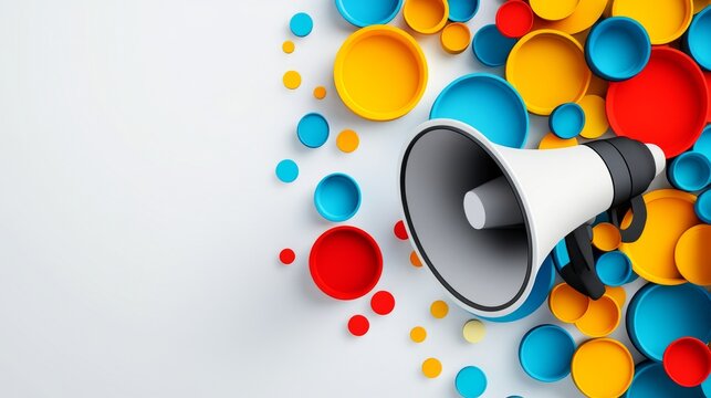 In a sleek layout, a dynamic megaphone and vibrant speech bubbles create a visually compelling representation of messaging and communication, ideal for digital advertising and marketing efforts