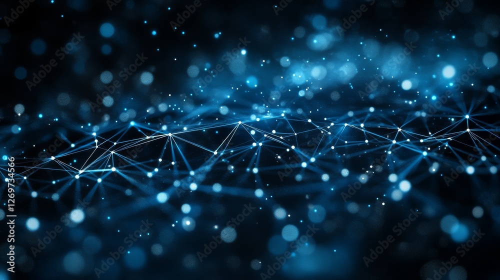 Poster a visual abstract of a complex digital network, showcasing illuminated blue pathways and dynamic dat