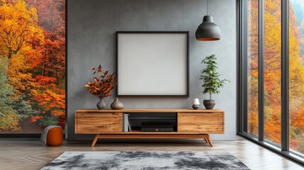In a modern and stylish setting, a minimalist interior design features a wooden cabinet against a blank wall, offering an empty area for a design mockup and background