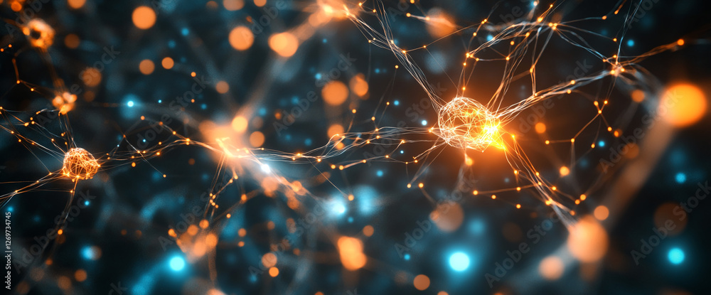 Poster Close-up of a digital network with glowing connections and nodes, symbolizing technology, data flow, artificial intelligence, and advanced communication networks.