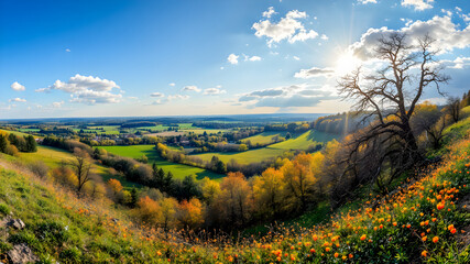 Obraz premium Beautiful panoramic view of the valley and meadow in the spring.