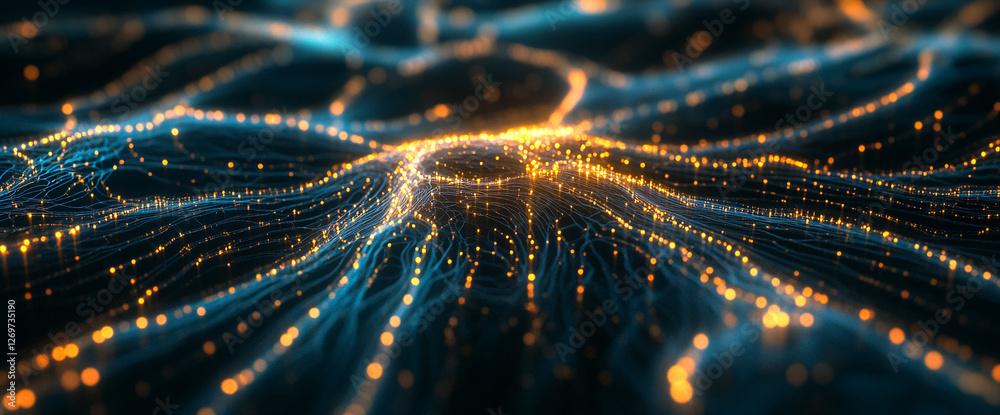 Poster Close-up of interconnected glowing neural network with orange and blue nodes and fibers, representing data flow, artificial intelligence, machine learning, and futuristic technology.