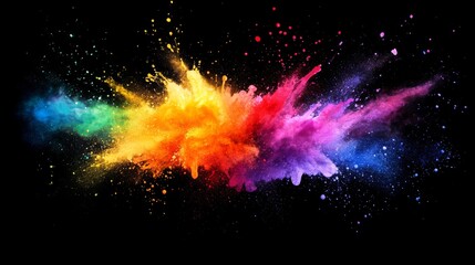 A striking abstract scene featuring an explosion of dynamic, multicolored paint splashes and splatters, exuding vibrant energy