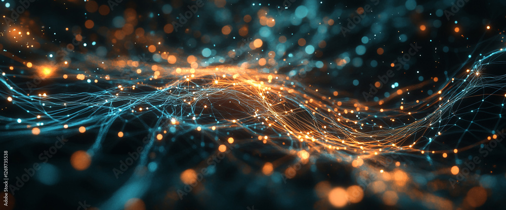 Poster Abstract glowing network of interconnected nodes and lines, symbolizing digital communication, data transmission, artificial intelligence, and neural networks in technology.