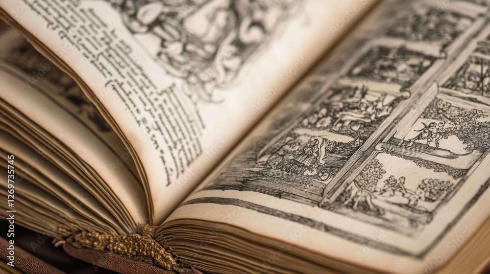 Aufkleber Old book open displaying aged pages with drawings and text