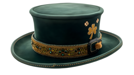 Green Velvet Top Hat Irish Design with Gold Accents, Luxury Formal Fashion Accessory, isolated on transparent background.