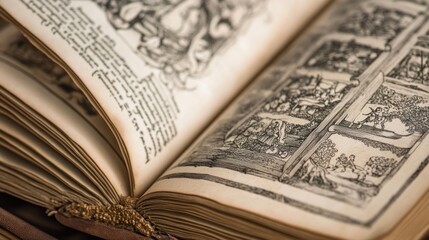 Obraz premium Old book open displaying aged pages with drawings and text