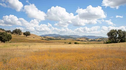 Fototapeta premium Vibrant Sunlit Landscape with Scattered Clouds and Golden Fields
