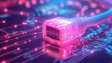 A high-performance data center showcases a futuristic network switch with glowing ethernet cables, highlighted by neon light trails and dynamic, vibrant designs, embodying connectivity