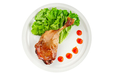 Duck leg confit baked bird meat fresh tasty food dish delicious gourmet food background on the table rustic food top view copy space